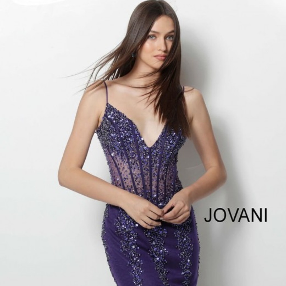 Jovani Purple Beaded Plunging Neckline Short Dress